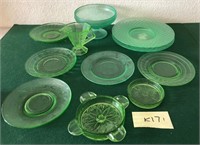 R - LOT OF GREEN GLASS PLATES, ASHTRAY, VASE (K171
