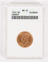 1912 CANADIAN $5.00 GOLD COIN GRADED MS61