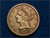 1847 LIBERTY HEAD $5.00 GOLD COIN