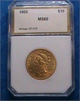 1905 LIBERTY HEAD $10.00 GOLD COIN GRADED MS 60