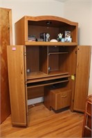 Oak Pressed Wood Computer Cabinet & Contents