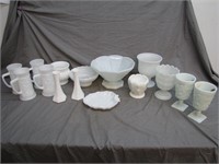 Large Lot Of Handmade White Glass Dishes