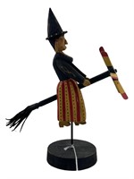 Signed Wood Carved Witch on Broom Plane