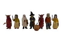 8 Small Signed Wood Carved Halloween Figures