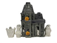 "Cobweb"  Ceramic Haunted House w/ 3 Ghost Figures