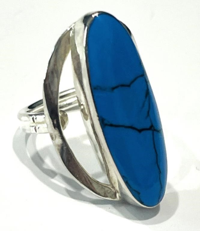 BEAUTIFUL BLUE TURQUOISE DECO STERLING SILVER RING