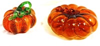 LOT OF 2 ART GLASS ORANGE PUMPKIN DECOR