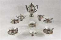 VTG Pewter Gilded & Embossed Porcelain Coffee Set