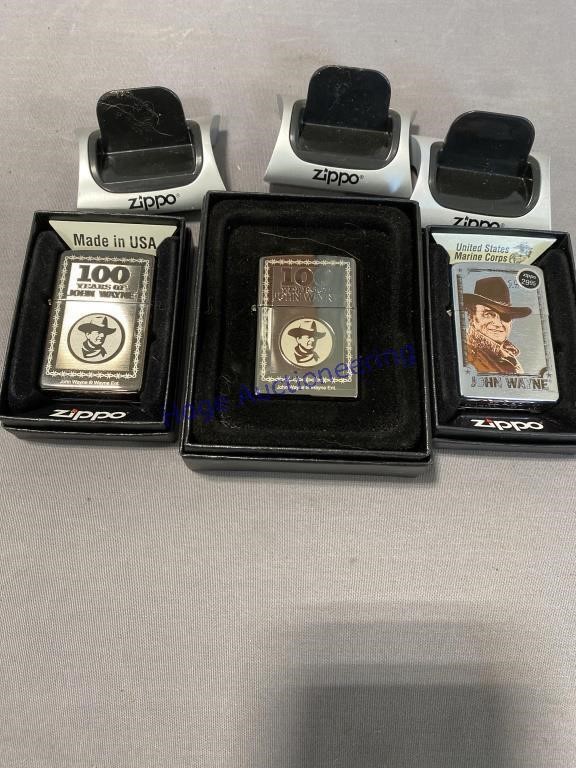(3) JOHN WAYNE ZIPPO LIGHTERS, IN BOXES, W/ STANDS