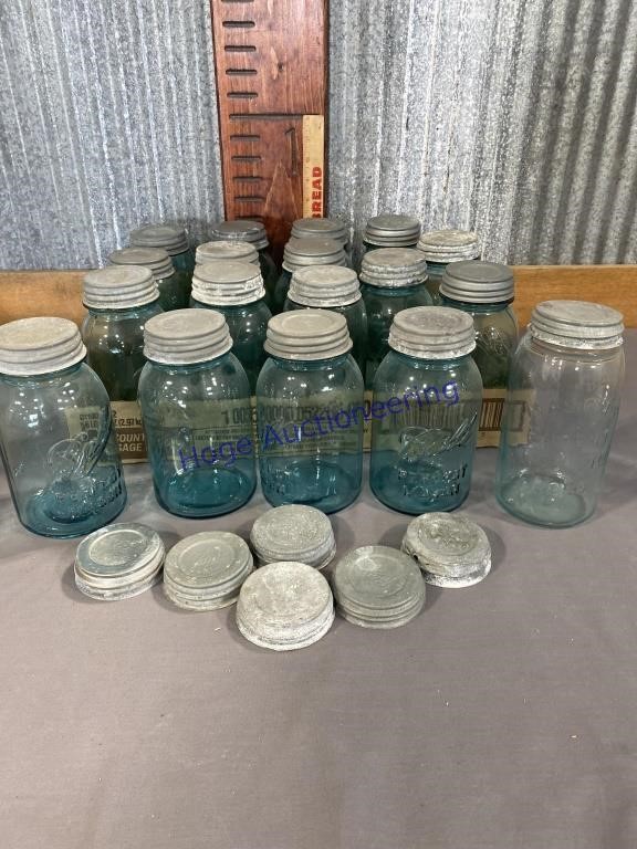 BLUE QUART CANNING JARS W/ ZINC LIDS, EXTRA LIDS