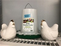 Free Range hanging chicken feeder & ceramic hens