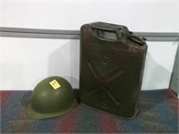 MILITARY JERRY CAN MARKED US & HELMET