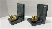 Pair Of Marble Bookends With Brass Ducks 6" X 4.5"
