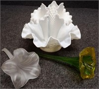 Fenton Hobnail Milk Glass Epergne & Glass Flowers