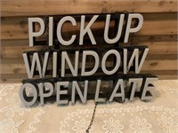 PICK UP WINDOW OPEN LATE SIGN