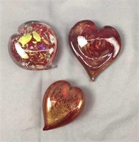 3x The Bid Art Glass Heart Paperweights