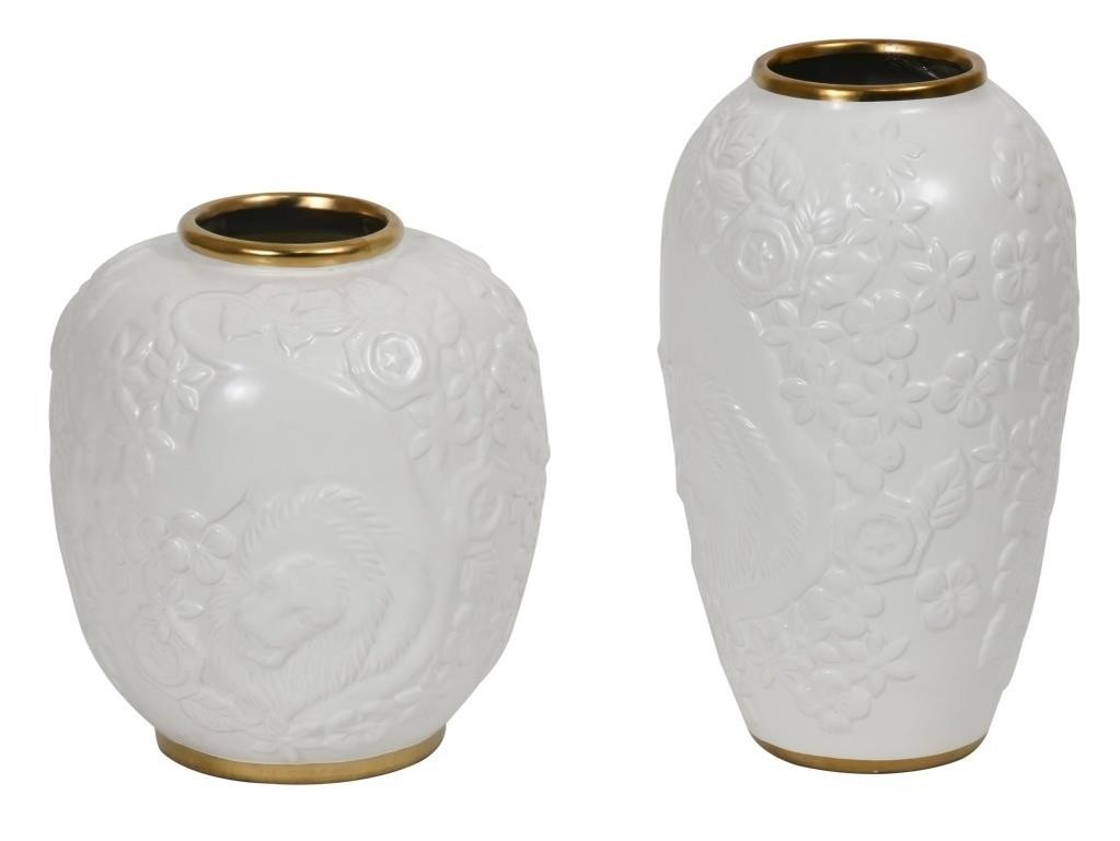 White and Gold Vases with Floral Design Set of 2