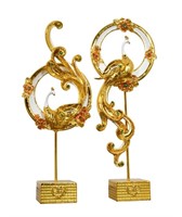 Golden Emerald Peacocks on Stand Set of 2
