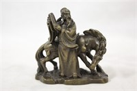 Solid Bronze Asian Man on Horse Figurine