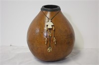 Signed Tribal Art Gourd with Carved Bone Amulet