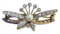 14kt Gold Vintage 3/4 ct Diamond & Pearl Brooch