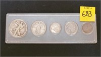 1921 Half Dollar, Quarter, Mercury Dime, Buffalo