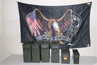4 Lg., 1 Med. & 1 Small Metal Ammo Boxes & Flag