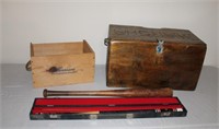 2 Wooden Boxes, Wooden Bat & Pool Cue