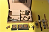 Vintage Mens Watches Coins & Box