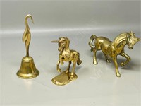 3 brass ornaments - crane, unicorn & horse