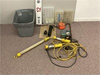3 Worklights, storage containers, lawn mower