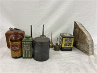 Vintage oil cans, clock, & stone slab
