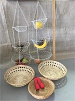Hanging fruit baskets, 3 woven baskets, over the