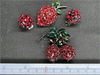 Austrian Red Rhinestone Berry Brooch & Earrings