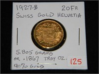 1927-B Swiss Gold Helvetia 20 FR  UNC