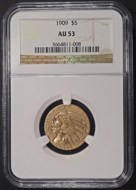 1909 $5 GOLD INDIAN NGC AU-53