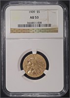 1909 $5 GOLD INDIAN NGC AU-53
