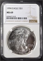 1994 SILVER EAGLE NGC MS-69 BETTER DATE