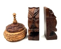 Carved Wooden Lidded Bowl and Wooden Bookends