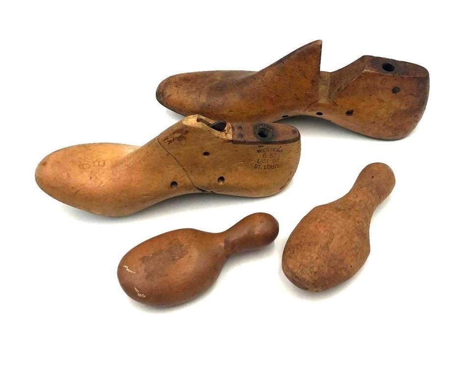2 Vintage Wooden Shoe Lasts and two Sock Darners