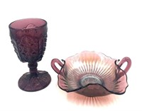 Purple Amethyst Colored Glass Goblet and Dish