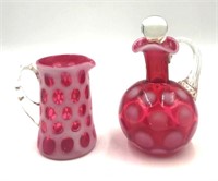 Two Fenton Cranberry Red Patterned Glass Cruets