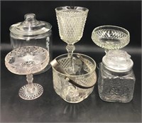 6 Glass Serving Dishes Lidded Jars and Ice Bucket
