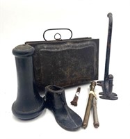 19th Century Lunch Box, tools, and Coat Hanger.