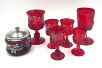 Red Wright Glass Floral and Grape Designed Cups