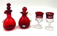 Vintage Red Glass Cruets and Two Thumbprint Cups