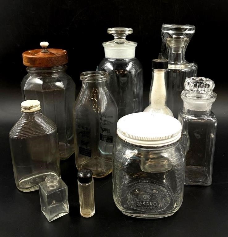Assortment of Glass Jars Decanters and More