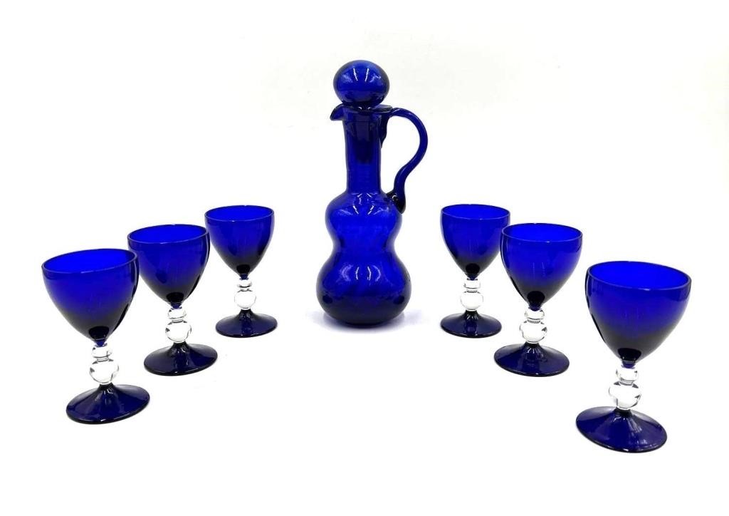 Cobalt Blue Glass Decanter with Cordials