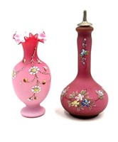 Hand Painted Pink Satin Glass Vase & Barber Bottle