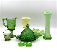 Assorted Green Glass and Yellow Uranium Glass